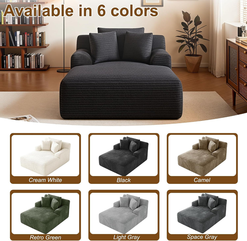 Avenix 66" Oversized Boneless Chaise Lounge Chair Indoor, Cloud Corduroy Reading Chair Deep Seat Sofa Couch Bed with 3 Pillows for Living Room, No Assembly Required, Black