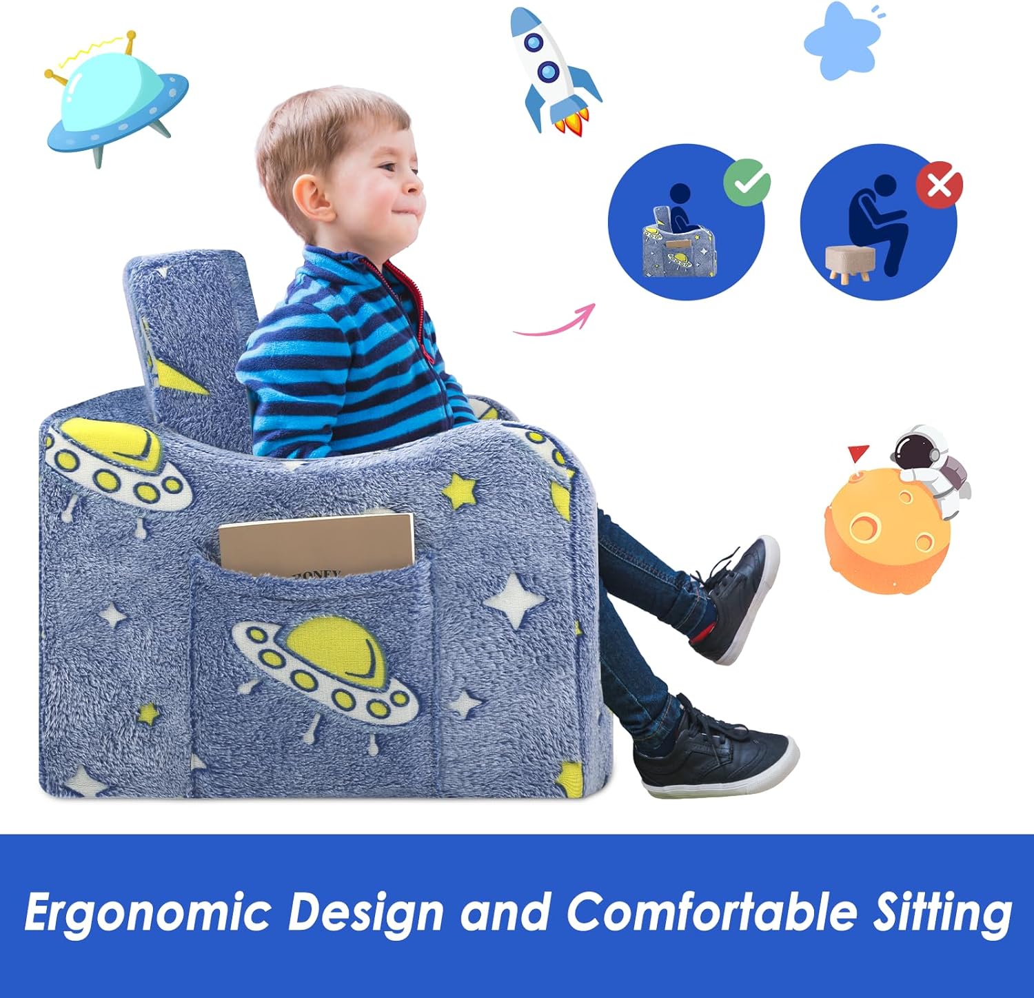Kids Couch Extra Large, Glow in the Dark Folding Kids Sofa for Boys, 2 Seats Comfy Couch for Children Bedroom Playroom Nursery, Astronaut