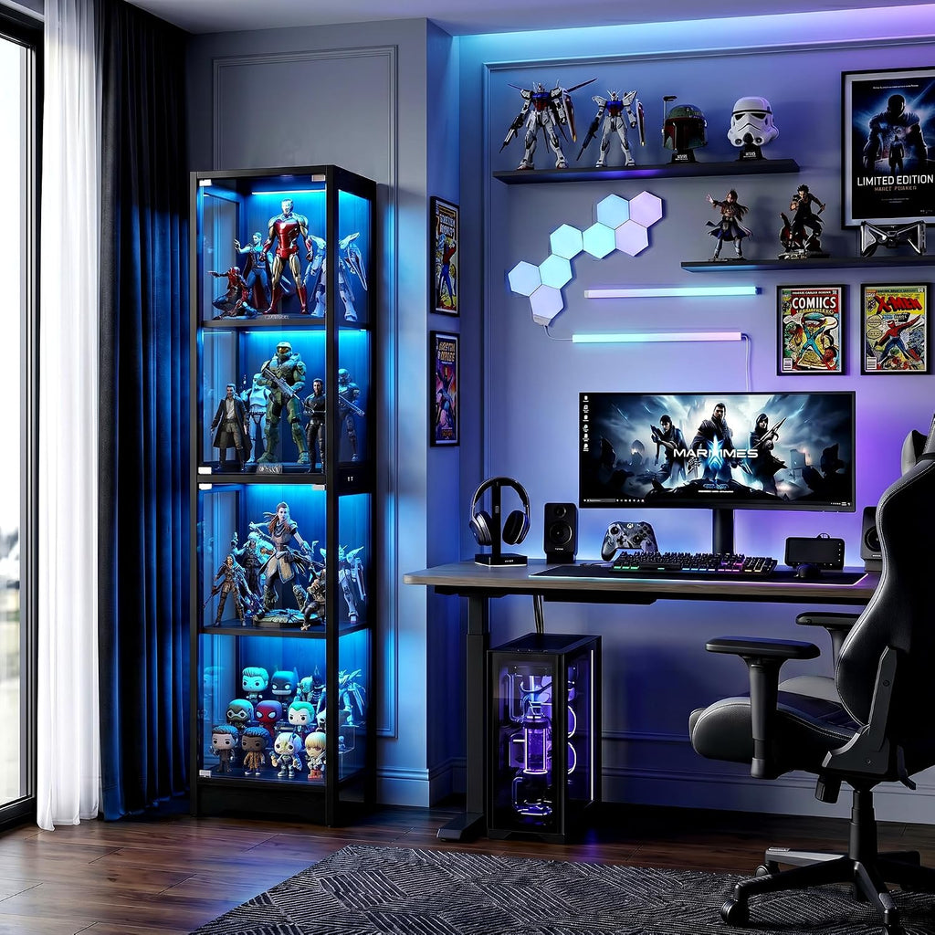 DreamDashio Display Cabinet with Glass Doors, 4-Tier Curio Cabinet with App RGB Lights for Collectibles, Display Case with Human Body Sensor, Corner Cabinet, Bookcase, Storage Cabinets, Black