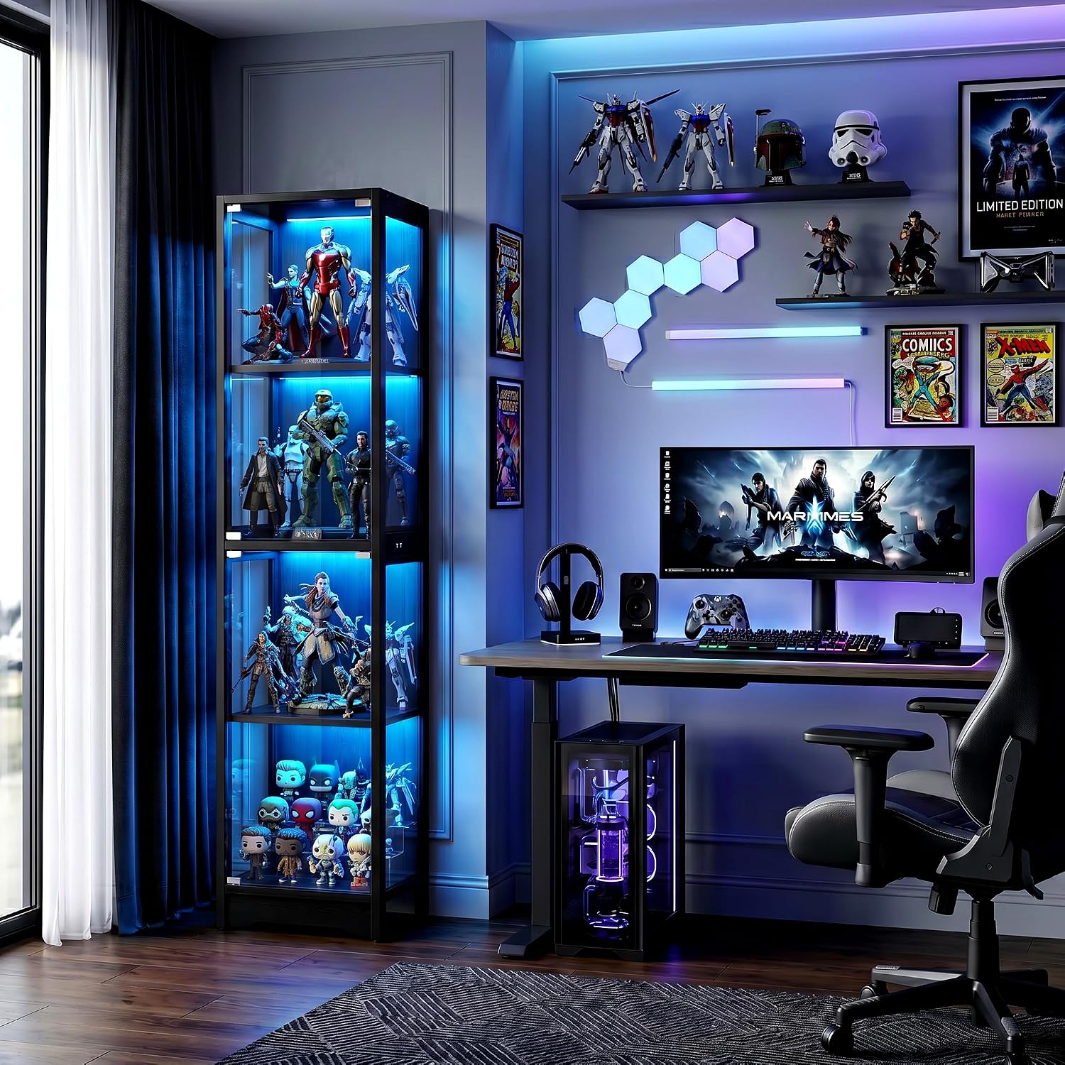DreamDashio Display Cabinet with Glass Doors, 4-Tier Curio Cabinet with App RGB Lights for Collectibles, Display Case with Human Body Sensor, Corner Cabinet, Bookcase, Storage Cabinets, Black