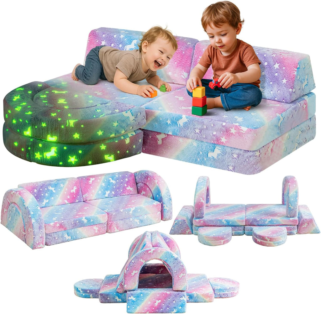 10Pcs Modular Kids Play Couch Glow, Convertible Play Fort Kids Couch, Instant Rebound 28D Foam Toddler Couchs, Kid Sofa for Playroom, Bedroom Furniture, Colorful and Unicorn