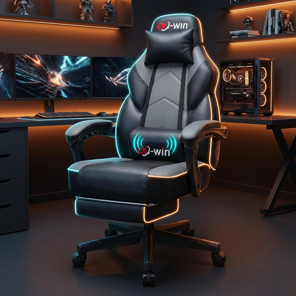 DL-win Gaming Chair for Adults with Footrest, Ergonomic Computer Gamer Chair with Massage Lumbar Support, High Back Reclining Gaming Chair, Adjustable Swivel Desk Chair for Home Office, Grey