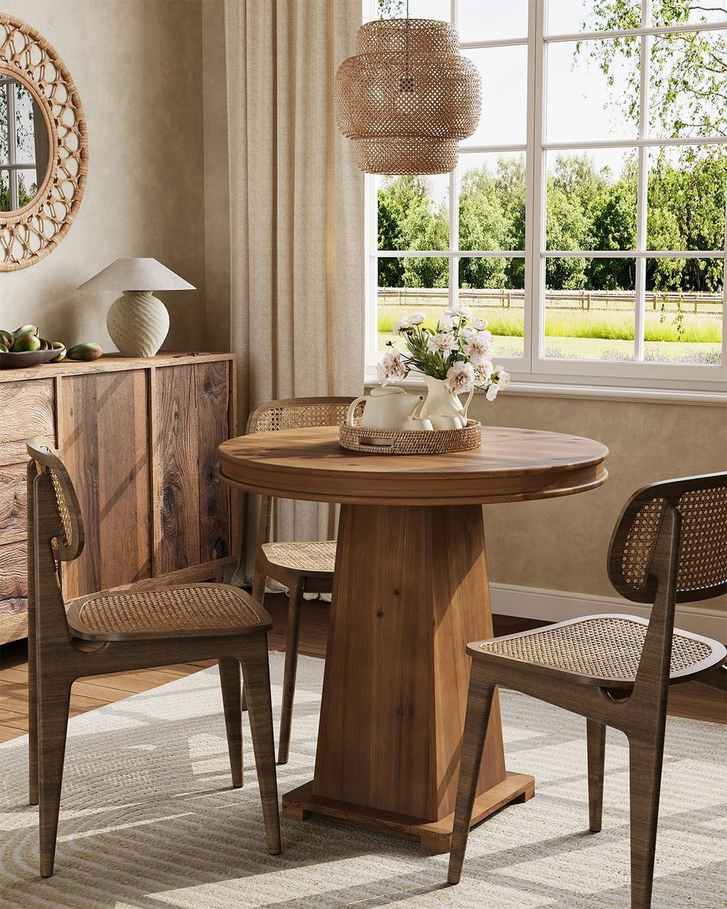 LITTLE TREE Solid Wood Round Dining Table, 31.5" Small Kitchen Table for 2, Modern Farmhouse Dinner Table for Dining Room, Kitchen, Living Room, Artistic Geometric Base, Table Only (Rustic Brown)