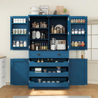 Freestanding Tall Kitchen Pantry Cabinet with 6 Door Shelves and Drawer, Wood Cupboard Storage Cabinet with Adjustable Shelves and 3 Pull-Out Trays for Dining Room, Kitchen (Blue)