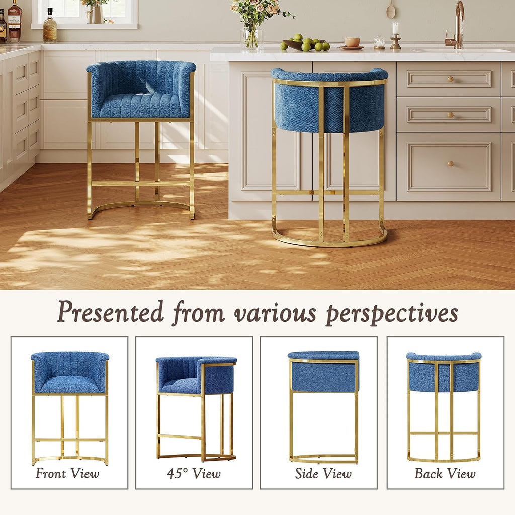 26" H Counter Height Bar Stools Set of 3, Modern Barrel Counter Stools with Backrest, Linen Upholstered Barstools for Kitchen Island, Gold Frame, Support 450 LBS (Blue)