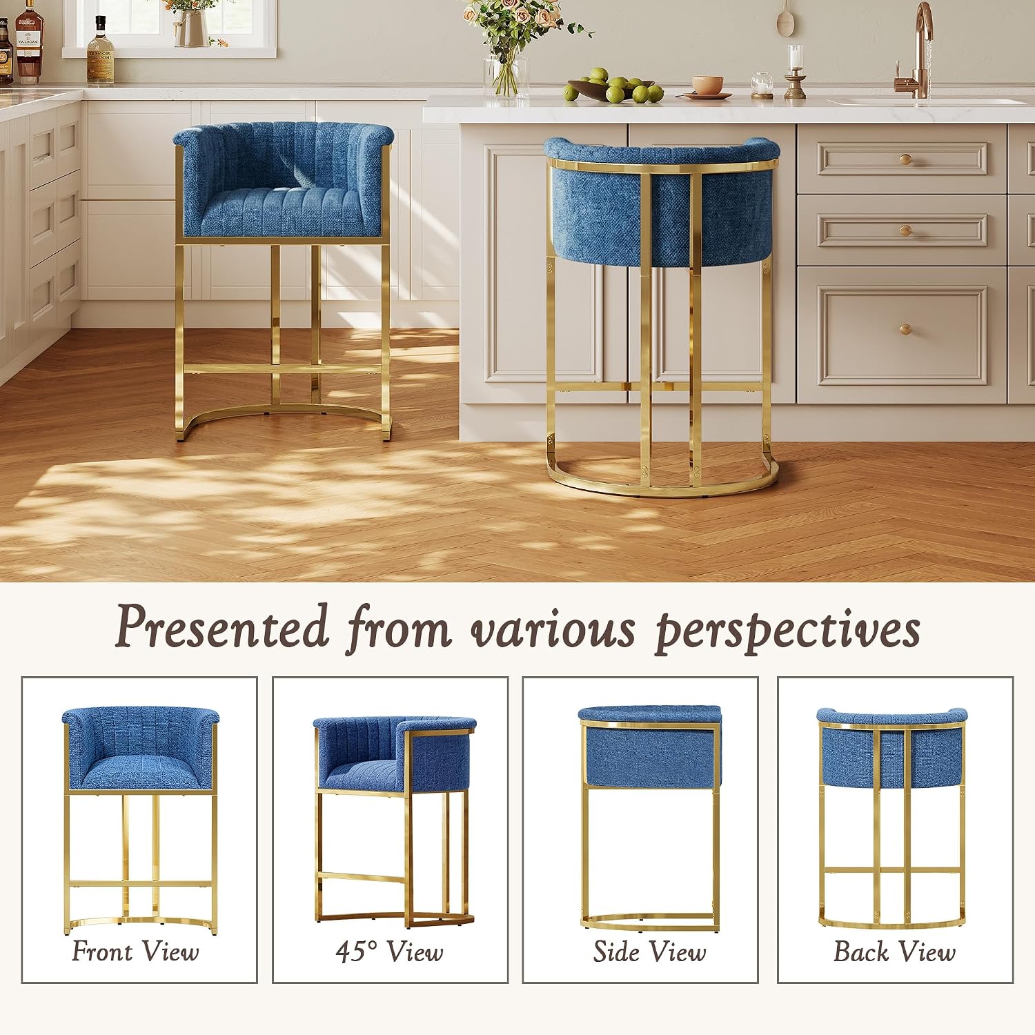 26" H Counter Height Bar Stools Set of 3, Modern Barrel Counter Stools with Backrest, Linen Upholstered Barstools for Kitchen Island, Gold Frame, Support 450 LBS (Blue)