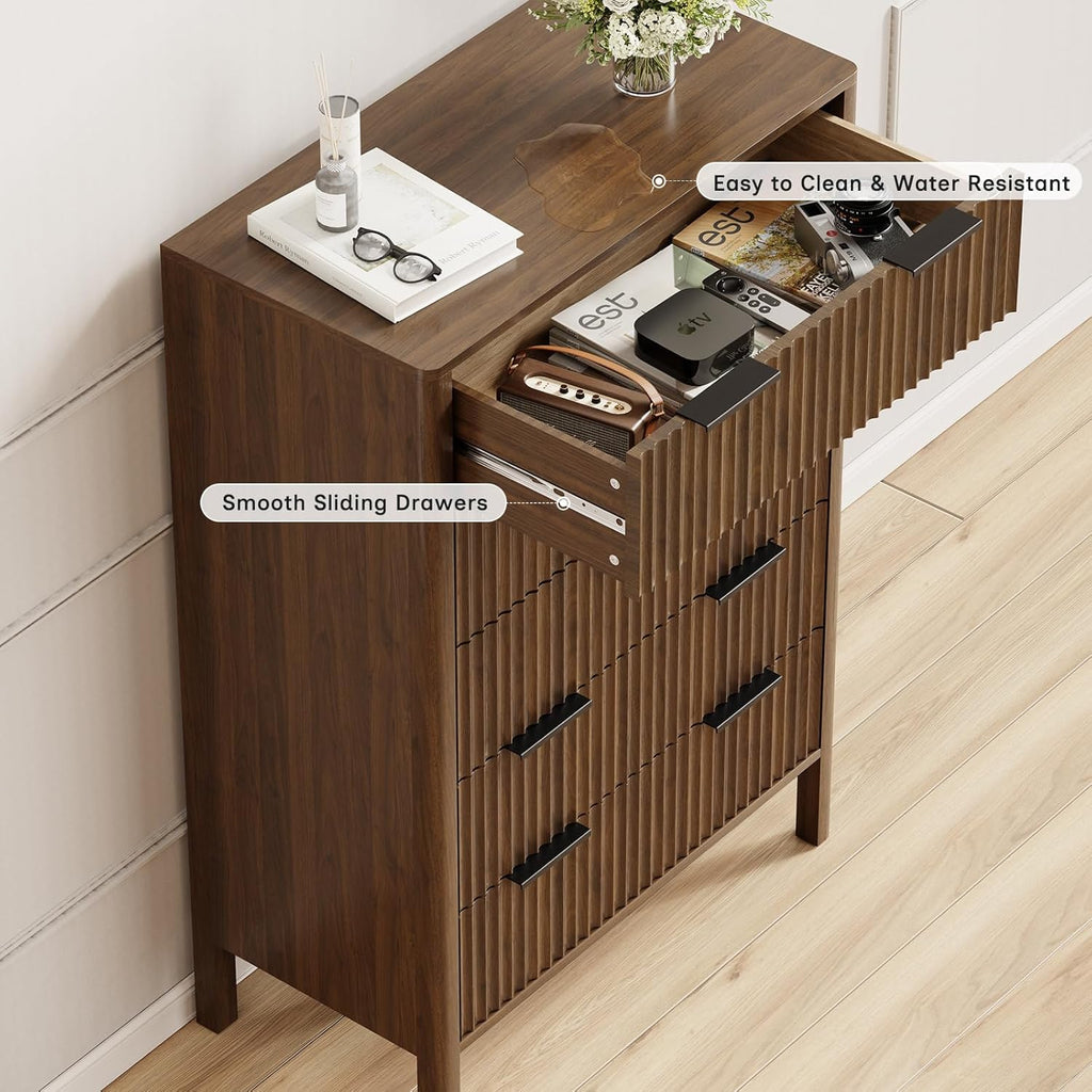 47 Inch Tall Dressers for Bedroom Fluted 5 Drawer Dresser, Wooden Dresser Modern Chest of Drawers Dressers with Organizer Storage for Bedroom, Living Room, Entryway, Walnut