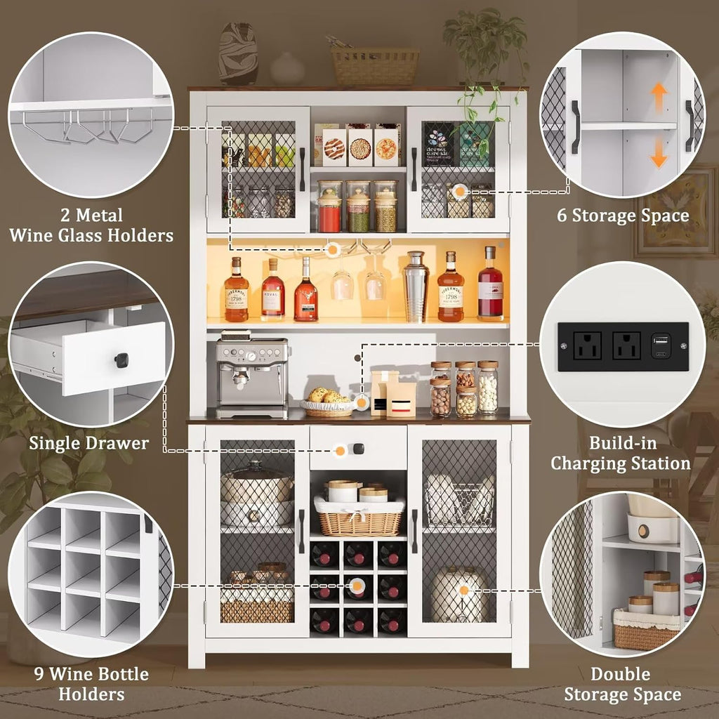 DRIXNO 70.9" White Kitchen Pantry Cabinet with RGB LED Lights & Charging Station, Farmhouse Buffet Hutch with Metal Mesh Doors, Wine Glass Rack & 9 Bottle Storage, Dining Room Cupboard Server