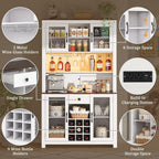 DRIXNO 70.9" White Kitchen Pantry Cabinet with RGB LED Lights & Charging Station, Farmhouse Buffet Hutch with Metal Mesh Doors, Wine Glass Rack & 9 Bottle Storage, Dining Room Cupboard Server