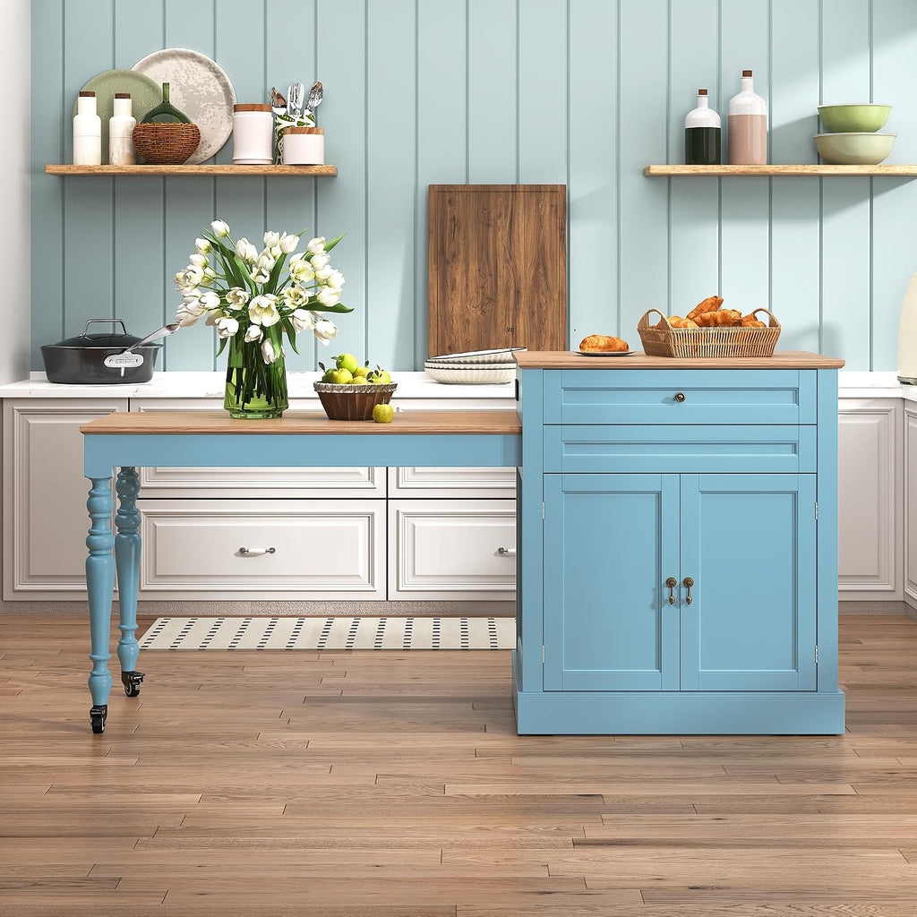 HLR 72" Kitchen Island with Extendable Table for 2-4, Island Table for Kitchen with Power Outlet and Storage Slide Out Legs, Rolling Islands Cart with 2 Doors (Blue)