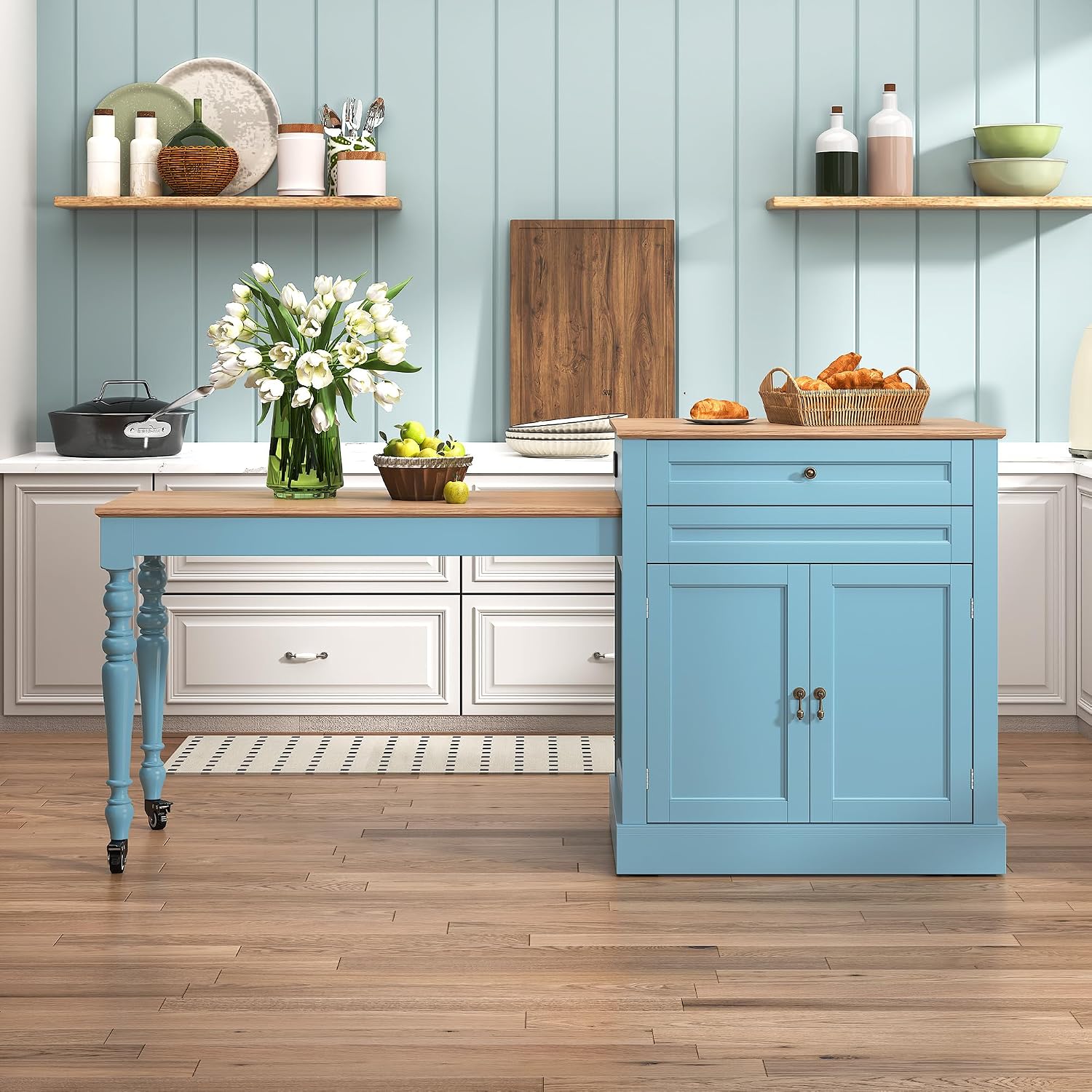 HLR 72" Kitchen Island with Extendable Table for 2-4, Island Table for Kitchen with Power Outlet and Storage Slide Out Legs, Rolling Islands Cart with 2 Doors (Blue)