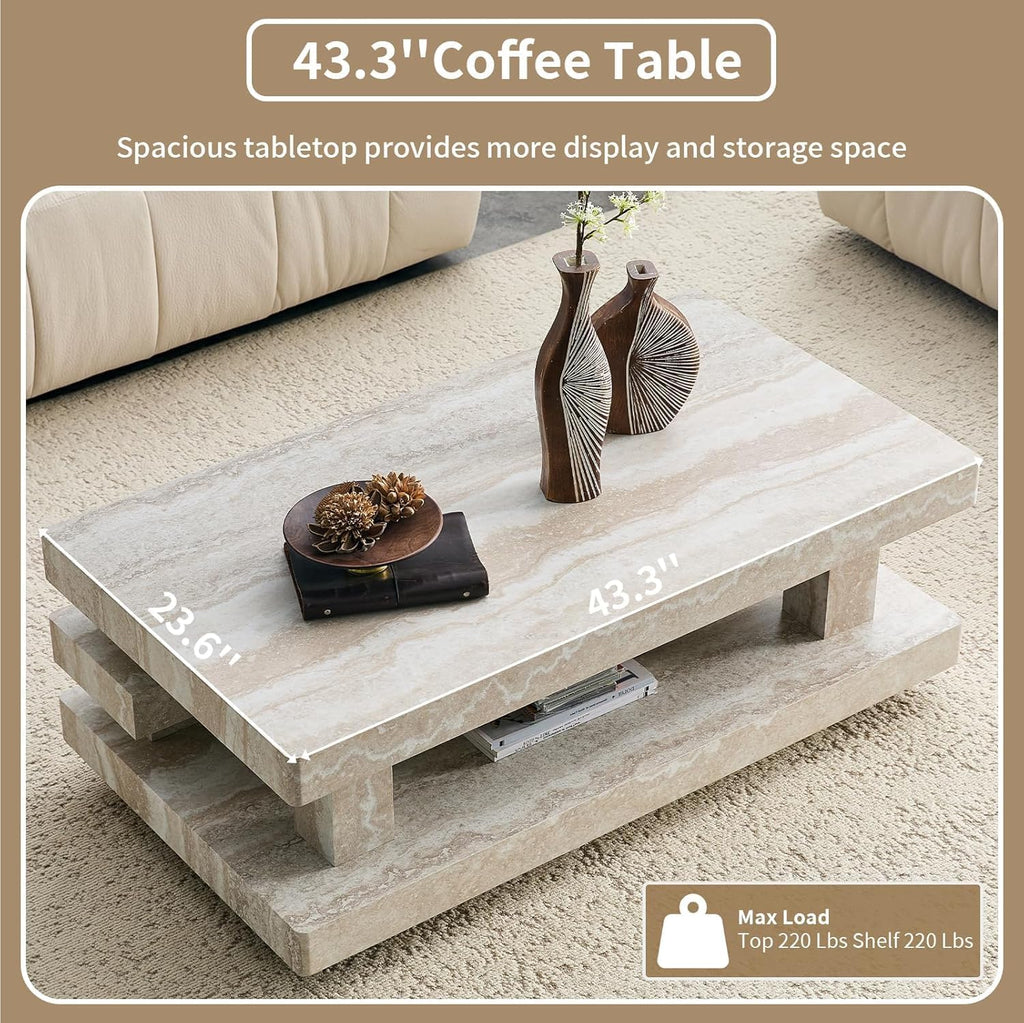 LKTART 43.3" Coffee Table, 2-Tier Stone Travertine Pattern Center Table with Open Storage, Mid Century Rectangular Wood Tea Table for Living Room, Bedroom, Office