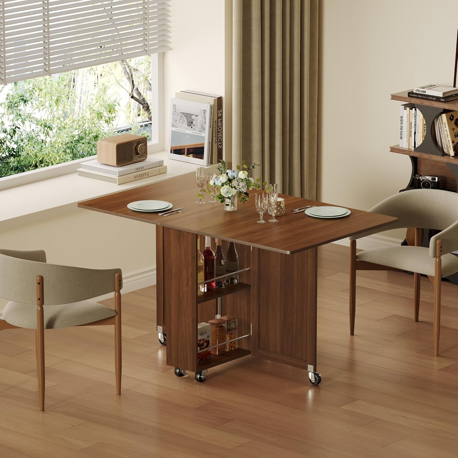 3imothrix Folding Dining Table, Dinner Table with Drawer and Storage and Shelves, Space Saving Dining Table with 6 Wheels, Kitchen Table for Small Spaces (Walnut)
