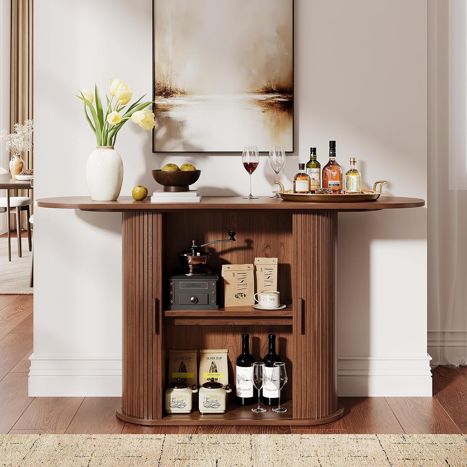 55 Inch Console Table with Storage, Fluted Entryway Tables with Sliding Doors, Sofa Table Behind The Couch, Hallway Tables, Mid-Century Modern Foyer Table for Entryway, Hallway, Living Room, Walnut
