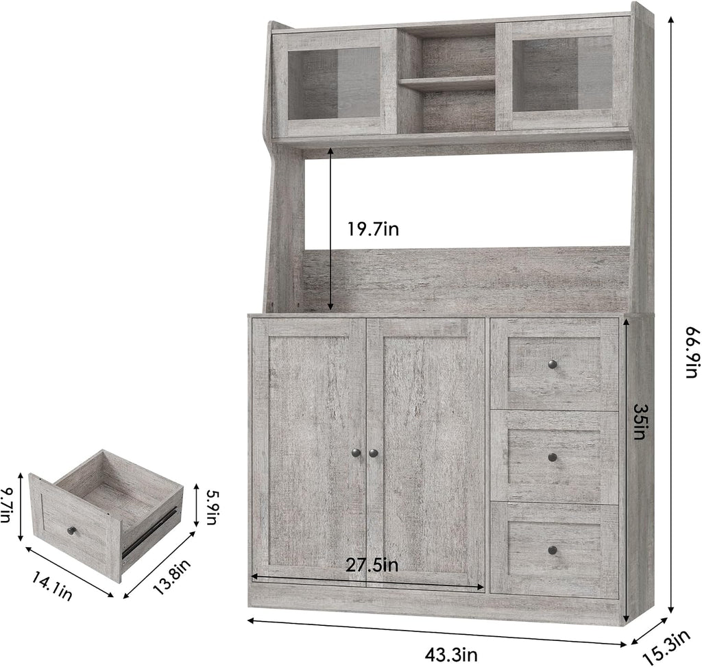 67'' Tall Kitchen Pantry Cabinet with Microwave Shelf, Sideboard Hutch Storage Cabinet with Doors, Shelves and Drawers, Wooden Coffee Bar, Sideboard Buffet Cabinets with Storage for Office(Grey)