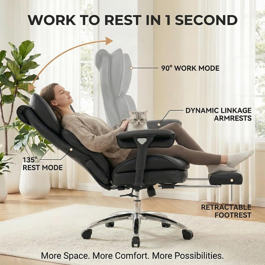 Big and Tall Office Chair, 400lbs Heavy Duty Wide Seat Executive Chair with Footrest, High Back Leather Computer Desk Chair for Home Office (Black)