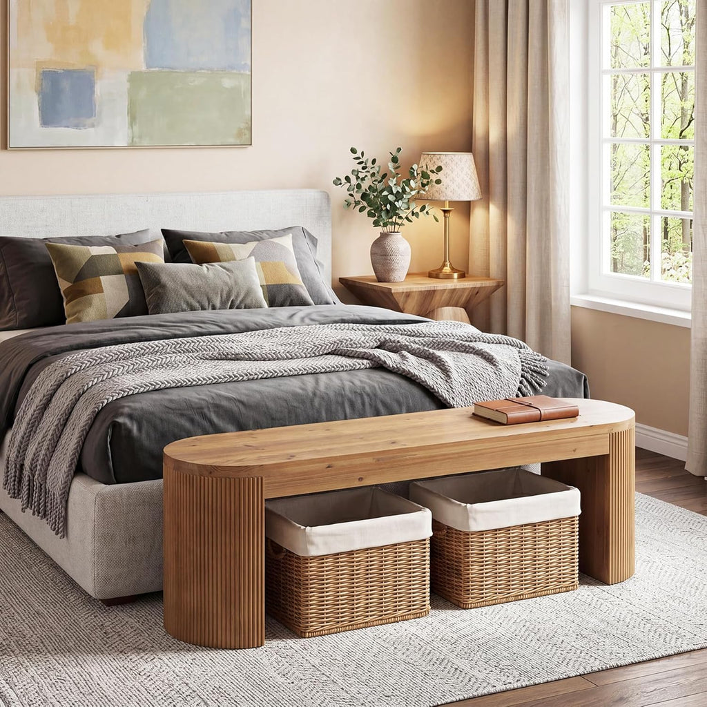LITTLE TREE 55” Solid Wood Entryway Bench, Farmhouse Dining Bench with Fluted Legs & Half Round Curved Sides, Long Shoe Bench with Storage, Wooden End of Bed Bench for Bedroom, Dining Room