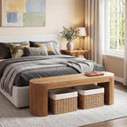 LITTLE TREE 55” Solid Wood Entryway Bench, Farmhouse Dining Bench with Fluted Legs & Half Round Curved Sides, Long Shoe Bench with Storage, Wooden End of Bed Bench for Bedroom, Dining Room