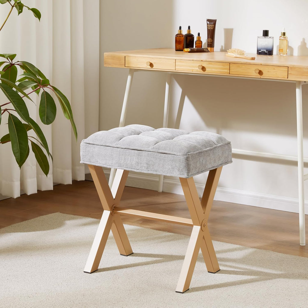 Royal Windsor Vanity Stool,Square Ottoman Stool Foot Rest,Upholstered Vanity Chair Foot Stool with Metal X Legs, Small Vanity seat for Entryway,Bedroom and Living Room,Light Grey+Yellow
