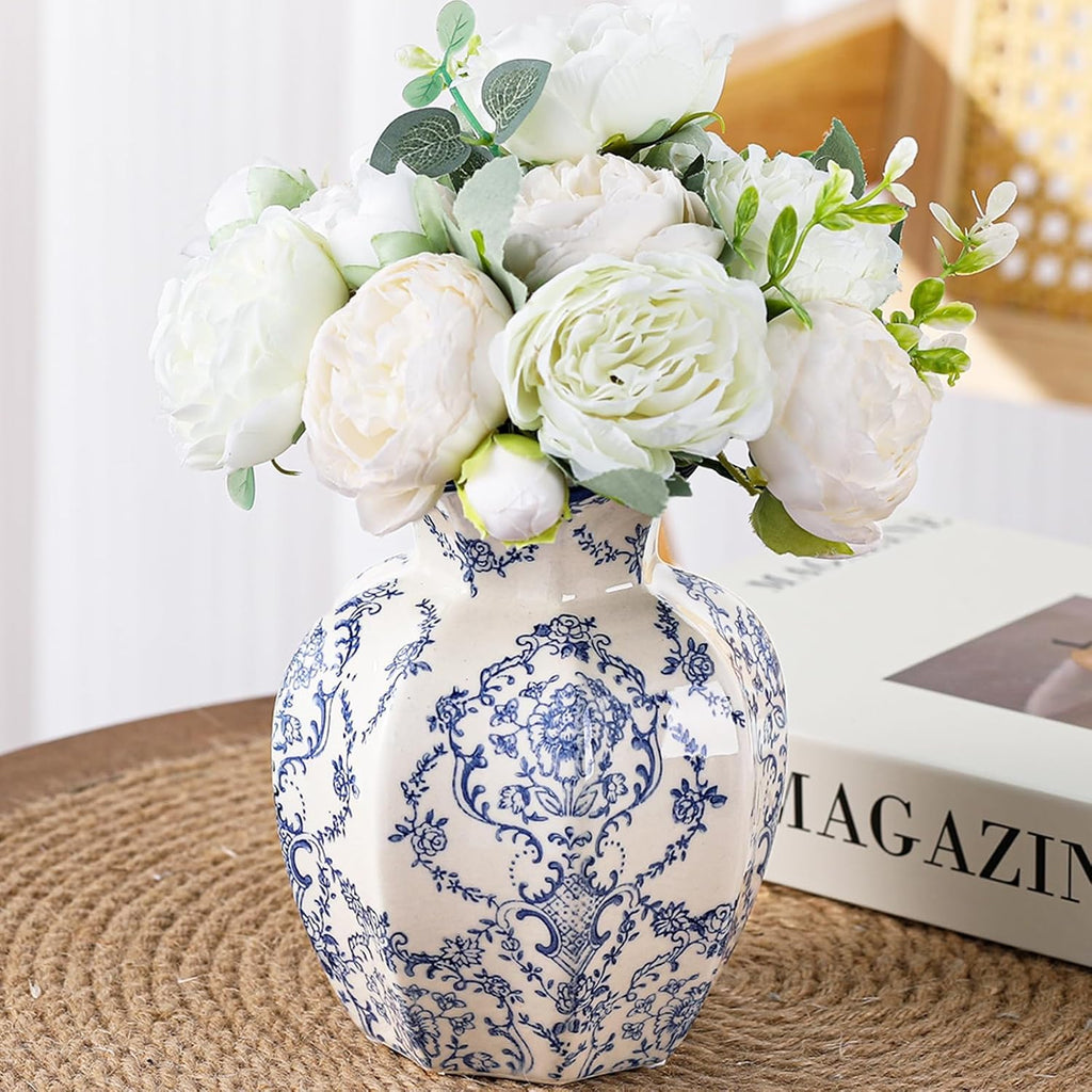 Blue and White Vase, Chinoiserie Ceramic Vase for Centerpiece, 5.91" Vintage Flower Vase for Living Room, Office,Home Decor,French Country Decor
