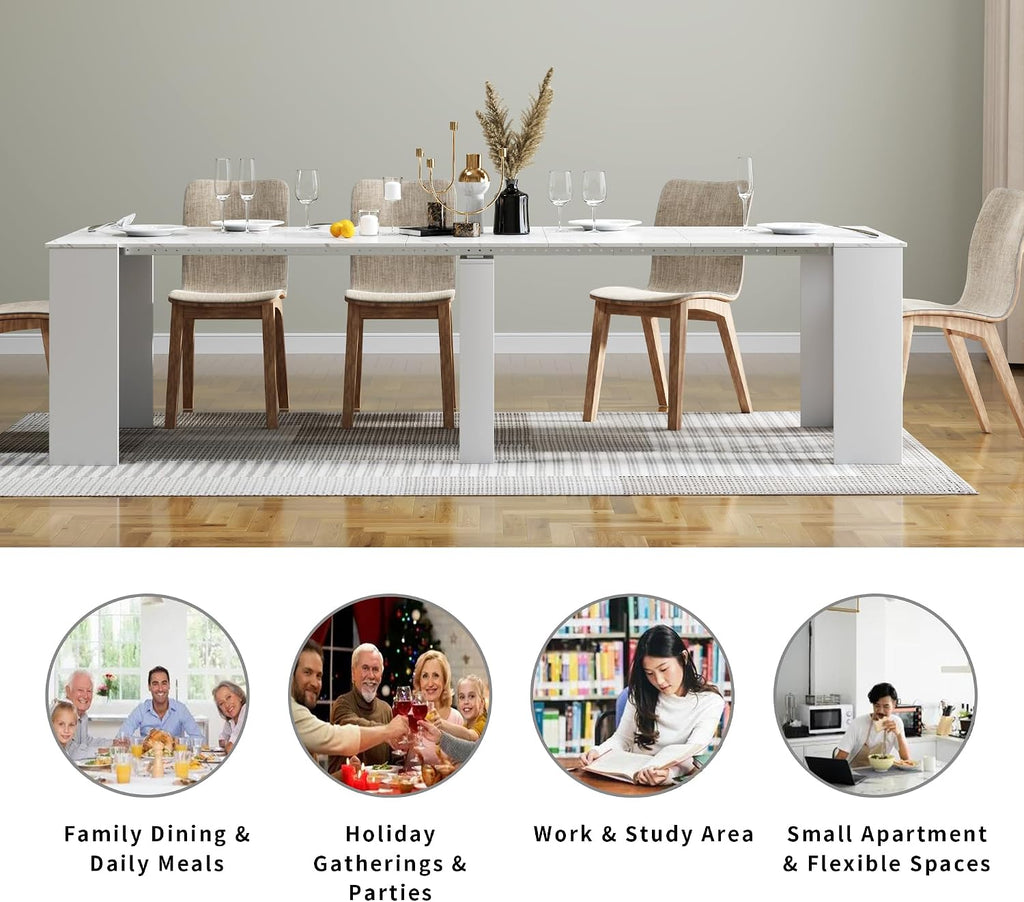 Extendable Dining Table, Transformer Console Table for 1-12 People, Folding Space Saving Dining Room Table for Homes, Apartments, Marble White
