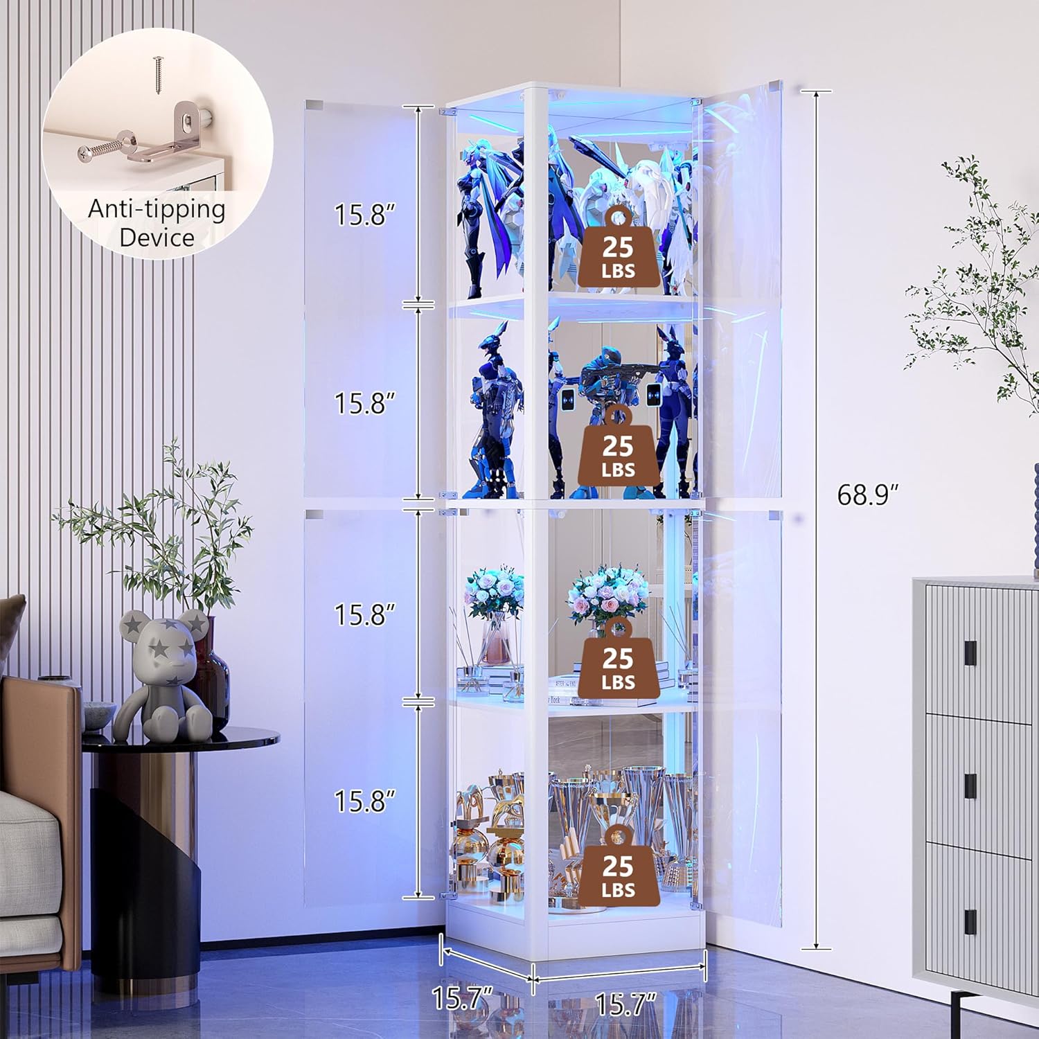 Dystler Corner Display Cabinet with Glass Doors, 68" Display Case with LED Lights, 4-Tier Curio Cabinets for Collectibles, Toys, Books, Mirrored Storage Cabinet, White