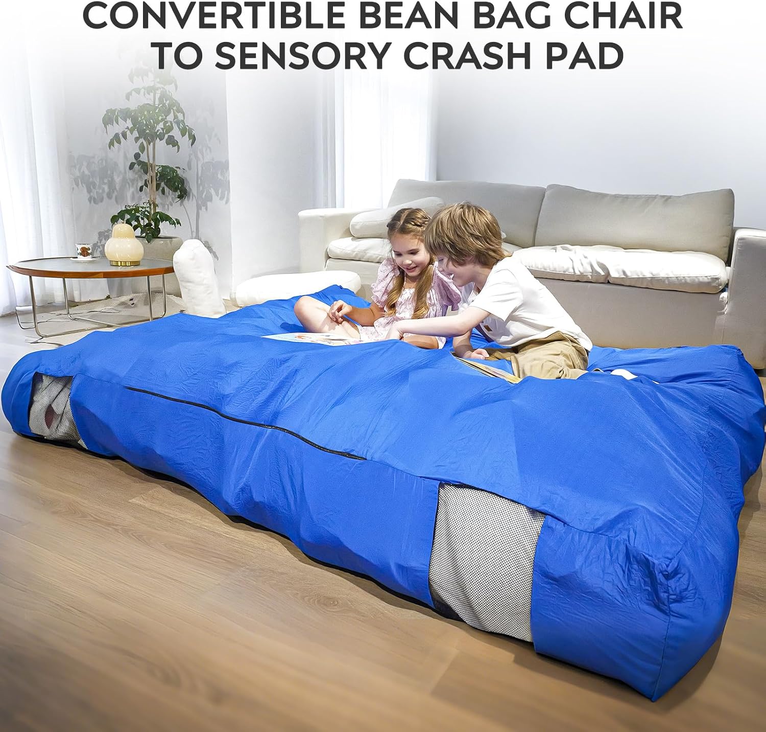 Bean Bag Chair and Sensory Crash Pad, Convertible Beanbag Folds from Lazy Chair to Floor Sensory Crash Pad, Giant Lazy Sofa Chairs with Memory Foam Filling, Machine Washable