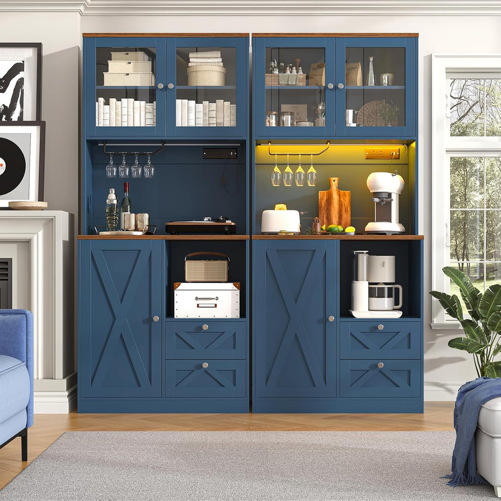 71" Tall Coffee Bar Cabinet with Storage Hutch, Farmhouse Kitchen Pantry Cabinet with LED Lights Microwave Stand and Glass Holder for Home Dining Room Kitchen (Blue)