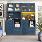 71" Tall Coffee Bar Cabinet with Storage Hutch, Farmhouse Kitchen Pantry Cabinet with LED Lights Microwave Stand and Glass Holder for Home Dining Room Kitchen (Blue)