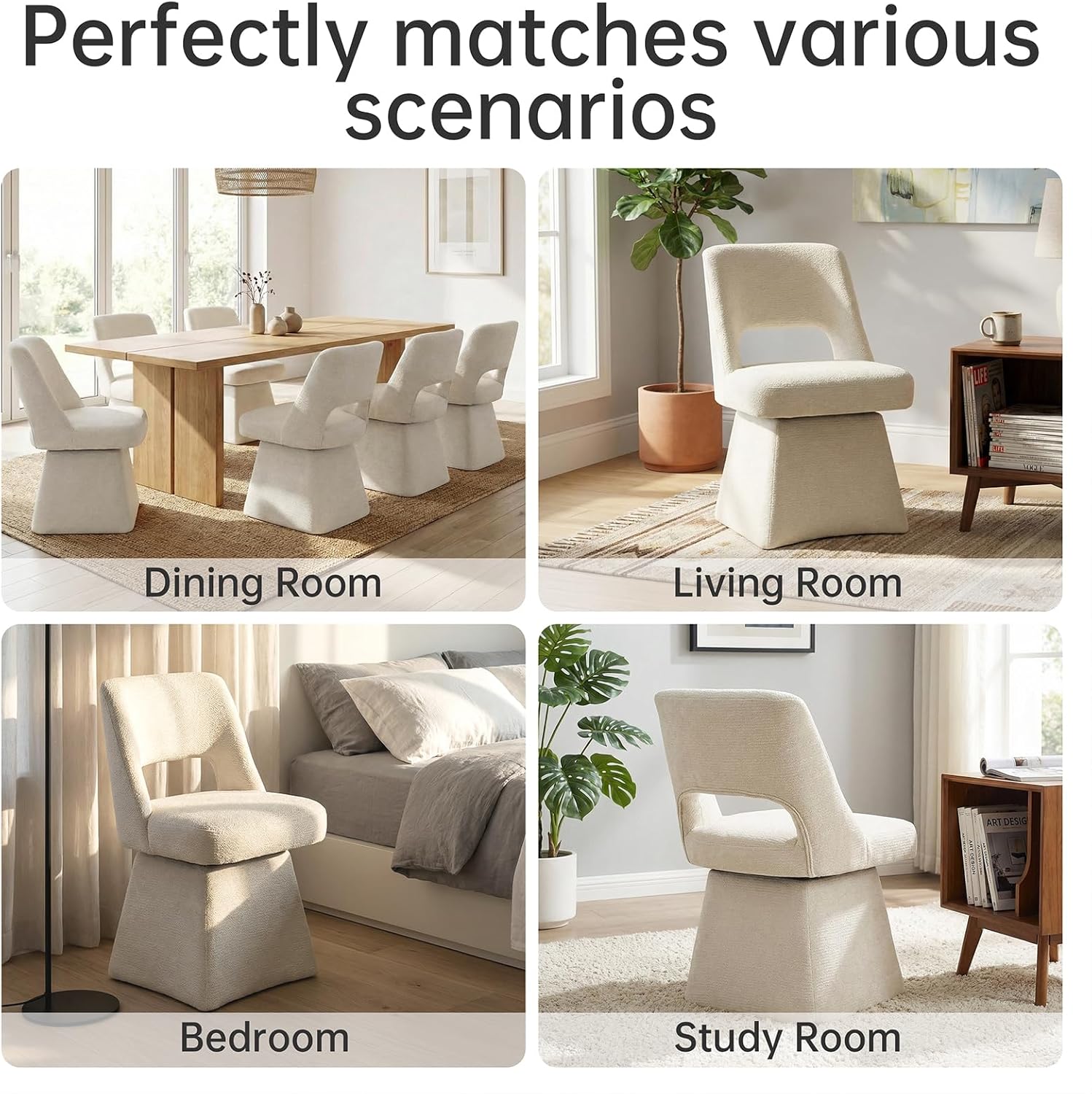 VKNOW Upholstered Swivel Dining Chairs, Modern Dining Room Chairs with Open Back, Chenille Fabric Kitchen Chairs for Dining Room, Living Room, Bedroom, Vanity, Beige(1 Pack)