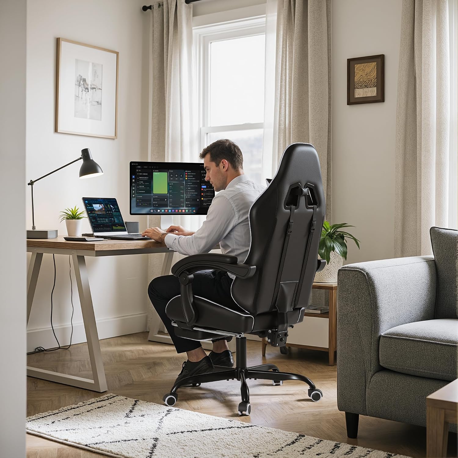 GUNJI Gaming Chair, Computer Chair with Footrest and Lumbar Support, Gaming Chair with Adjustable Reclining Angle, 360° Swivel Seat and Headrest,Thickened for Office and Video Games, White
