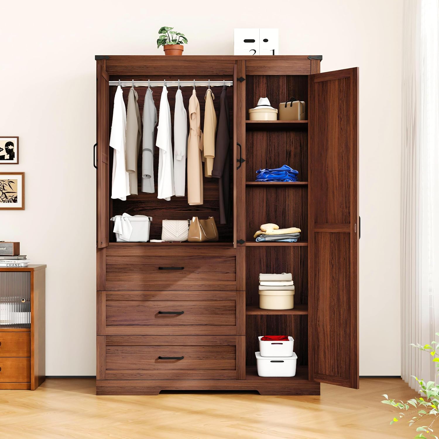 70" Tall Wardrobe Closet with 3 Doors & 3 Drawers, Farmhouse Armoire with Hanging Rod, Wooden Armoire Wardrobe Closet for Bedroom, Freestanding Clothing Storage Cabinet, Brown
