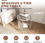 2 Tier Glass End Table with Storage, Round-Shaped Stainless Steel Side Table with Tempered Glass Top, Modern Accent Table for Living Room, Bedroom, Easy Assembly, Silver/Clear