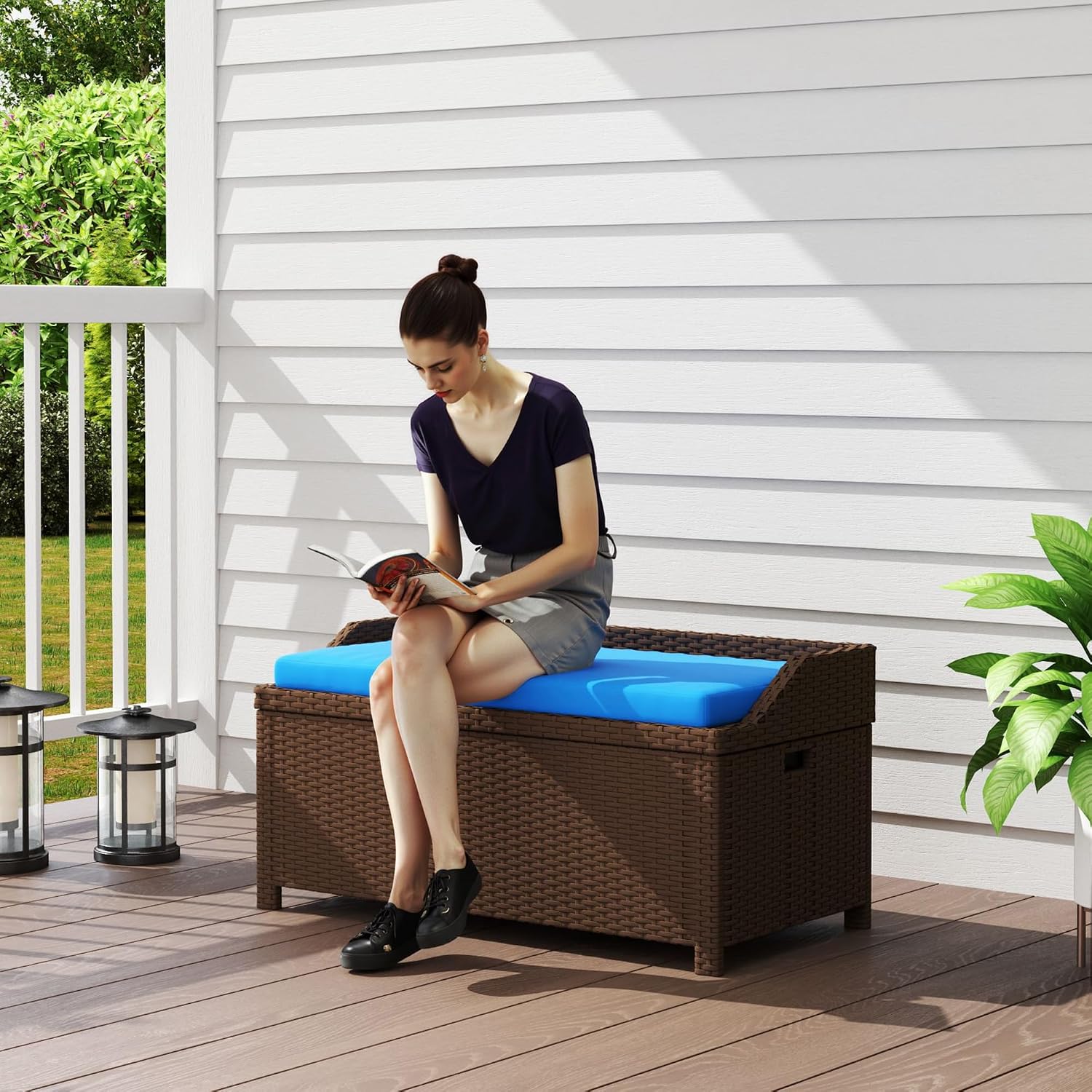 Wicker Storage Bench, Blue Outdoor Patio Storage Bench with Cushion, Deck Box Seat and Rattan Garden Organizer for Backyard Porch Poolside Furniture Accessories