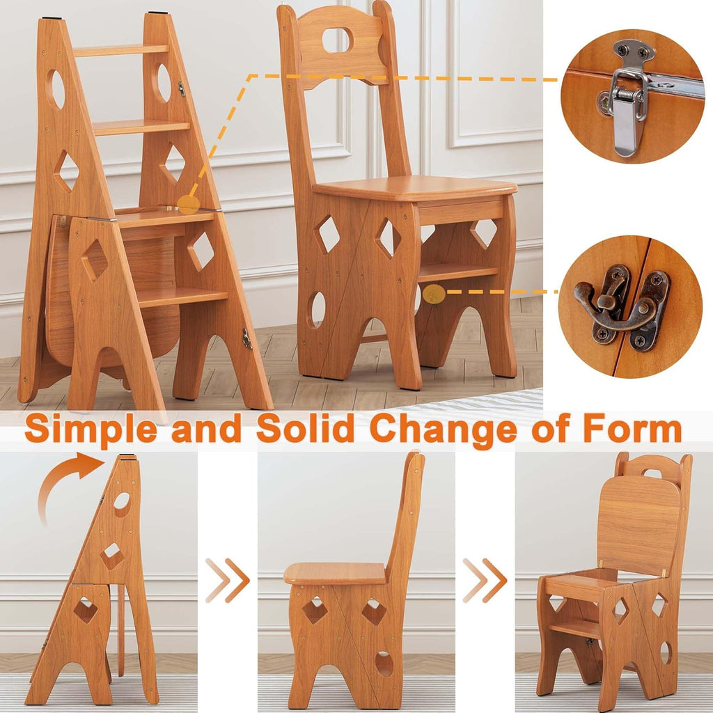 Folding Library Ladder Chair, 4 Tier Portable Step Stool Chair, Lightweight 3-in-1 Stepladders Display Stand, Library Steps Bookshelf Plant Stand for Storage and Decoration