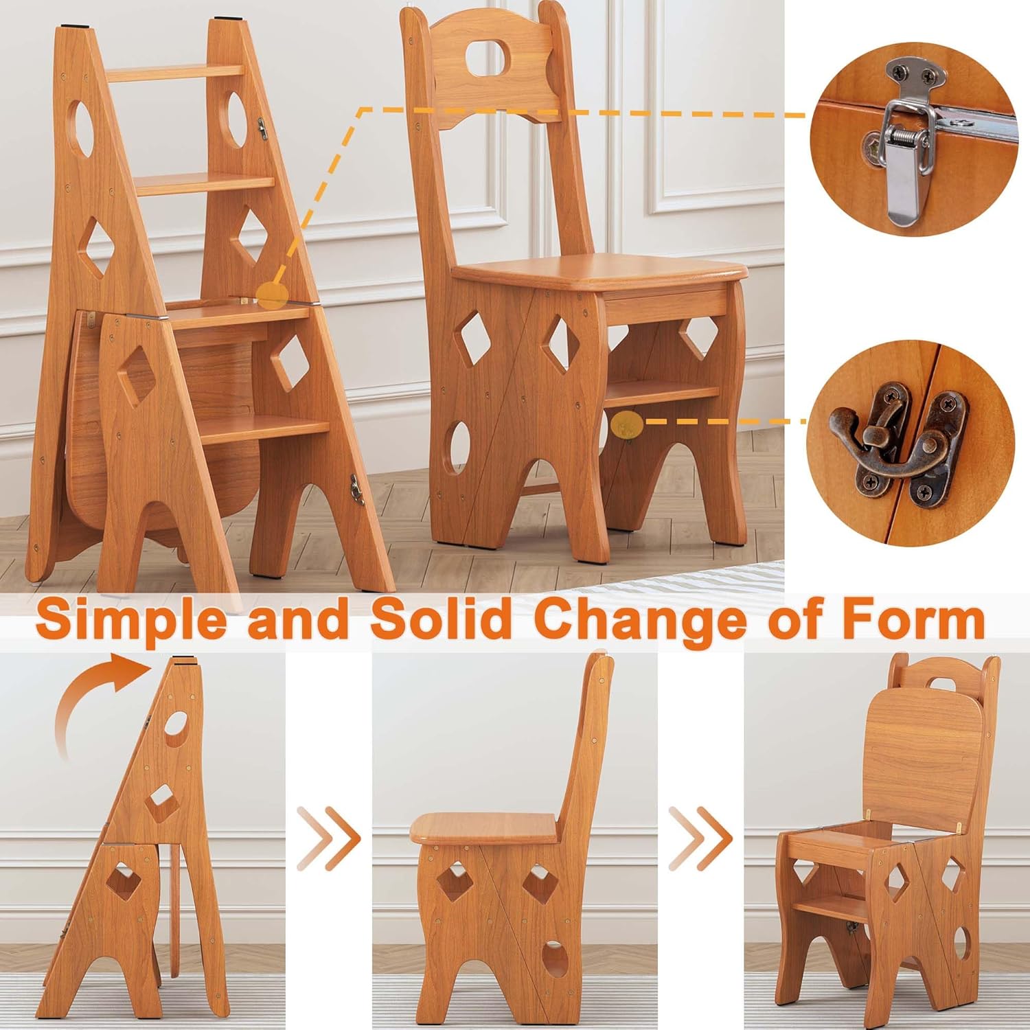 Folding Library Ladder Chair, 4 Tier Portable Step Stool Chair, Lightweight 3-in-1 Stepladders Display Stand, Library Steps Bookshelf Plant Stand for Storage and Decoration
