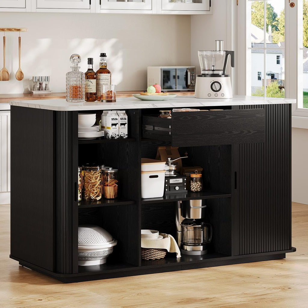 ONBRILL 60" Stationary Kitchen Island with Storage, Fluted Island Table w/Faux Marble Worktop, Sliding Door, Adjustable Shelves, Open Shelves, Mid Century Modern Coffee Bar Station with Drawer, Black