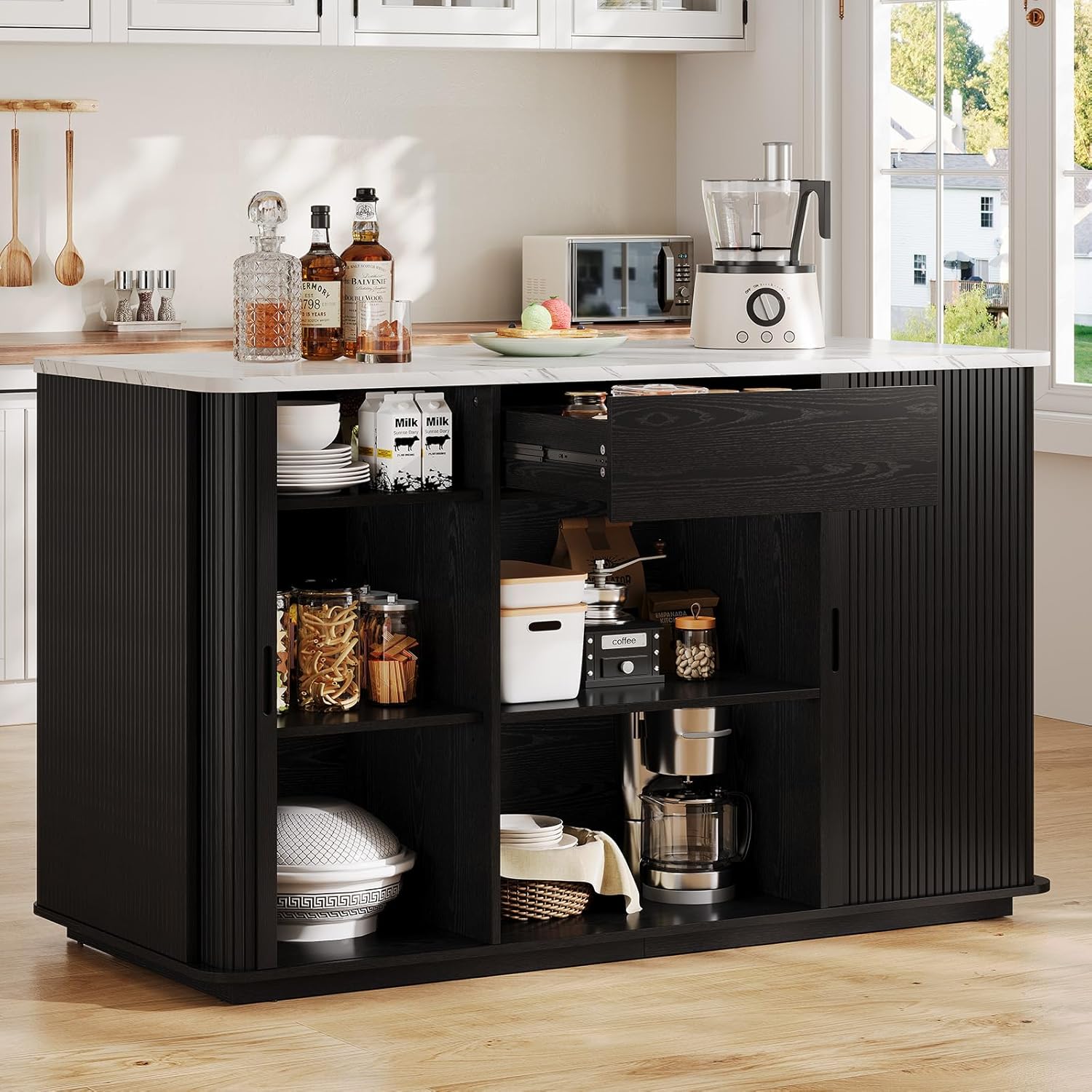 ONBRILL 60" Stationary Kitchen Island with Storage, Fluted Island Table w/Faux Marble Worktop, Sliding Door, Adjustable Shelves, Open Shelves, Mid Century Modern Coffee Bar Station with Drawer, Black