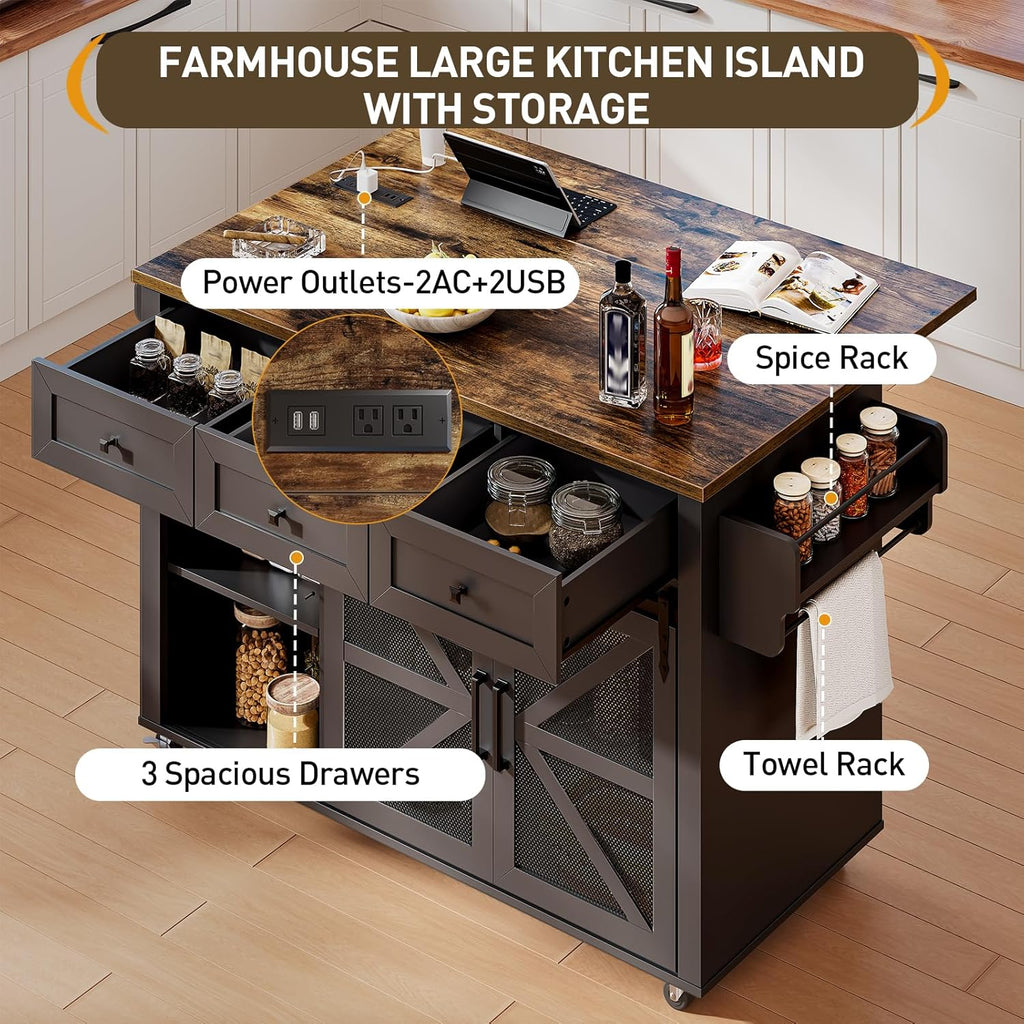 RALGEND Kitchen Island with Storage, 55" Kitchen Cart with Charging Station, Rolling Kitchen Island Table with Drop-Leaf, 3 Drawers, Barn Doors, Towel Rack and Spice Rack, Black and Rustic Brown