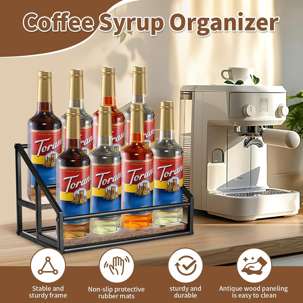 YQBRAO 2-Tier Coffee Syrup Organizer, 8-Bottle Rack, Rustic Brown | Holds up to 8 bottles in two raised rows for coffee bars, kitchens, counters, and beverage stations.