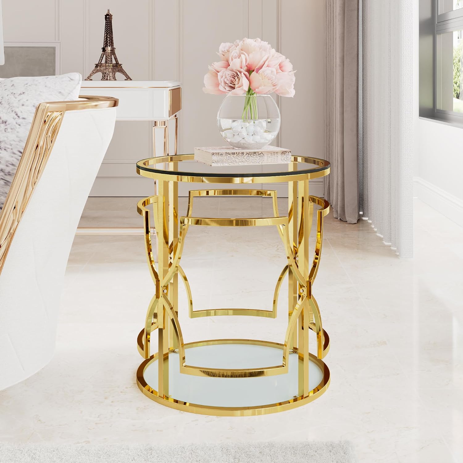 Polibi 19.7" Round Gold Metal End Table with Tempered Glass Top & 2-Tier Shelf, Luxury Side Table for Living Room, Bedroom, Small Apartment, Office (Transparent)