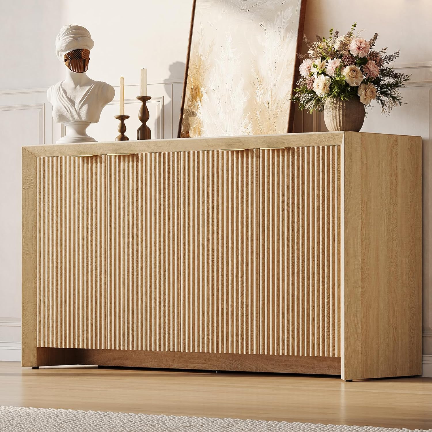 ONBRILL Fluted Sideboard Buffet Cabinet with Storage, Wooden Modern Fluted Sideboard with 4 Doors and 5 Adjustable Shelves, Coffee Bar Table for Dining Room, Hallway, Kitchen (Natural Oak)