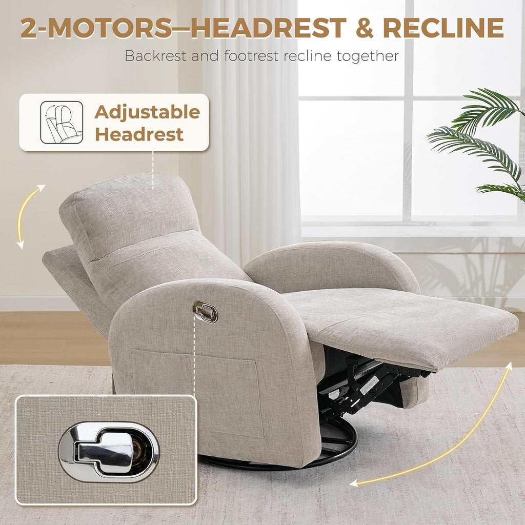Swivel Rocker Recliner, Manual Swivel Recliner with Adjustable Headrest, Glider Rocking Reclining Nursery Chairs for Small Space, Living Room, Bedroom, Chenille Camel