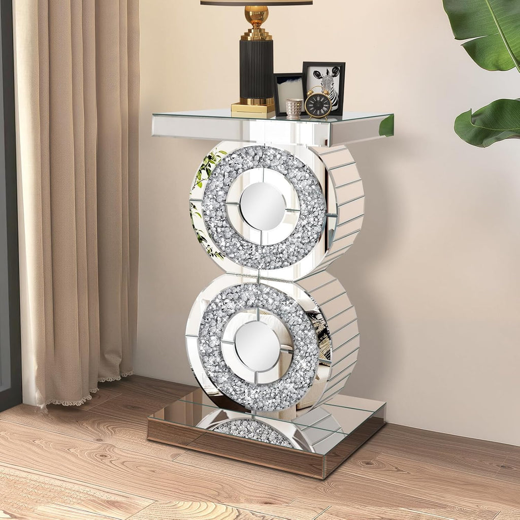 Pregaspor Crushed Diamond Mirrored End Table, Unique Side Table with Crystal Inlay,Coffee Table for Living Room Bedroom