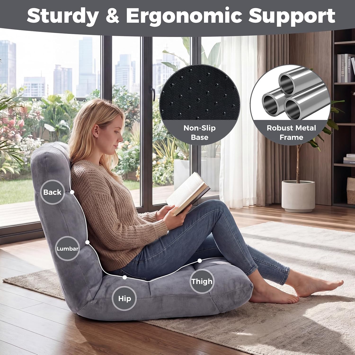 COSTWAY Floor Chair, 14 Positions Adjustable Floor Gaming Chair with Back Support, Flannel Fabric, Folding Floor Seating Lounger for Adults &Kids, Living Room (Grey)
