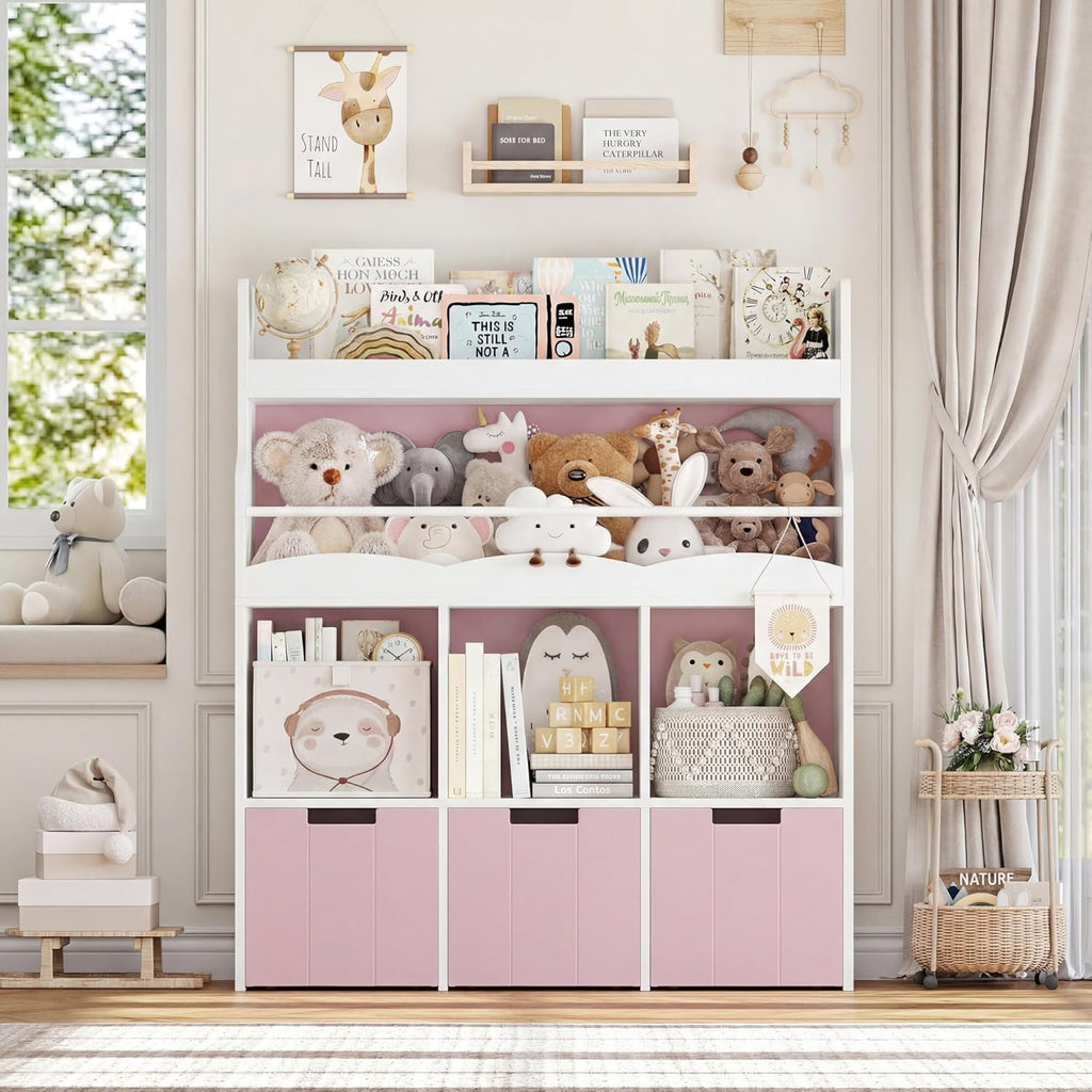 HITHOS Kids Toy Storage Organizer with Bookshelf, Multifunctional Book Shelf with 3 Movable Toy Organizers for Kids Room, Kids Bookcase and Toy Box, Toy Storage Chest for Playroom, Pink