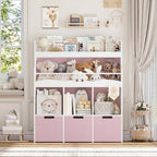 HITHOS Kids Toy Storage Organizer with Bookshelf, Multifunctional Book Shelf with 3 Movable Toy Organizers for Kids Room, Kids Bookcase and Toy Box, Toy Storage Chest for Playroom, Pink