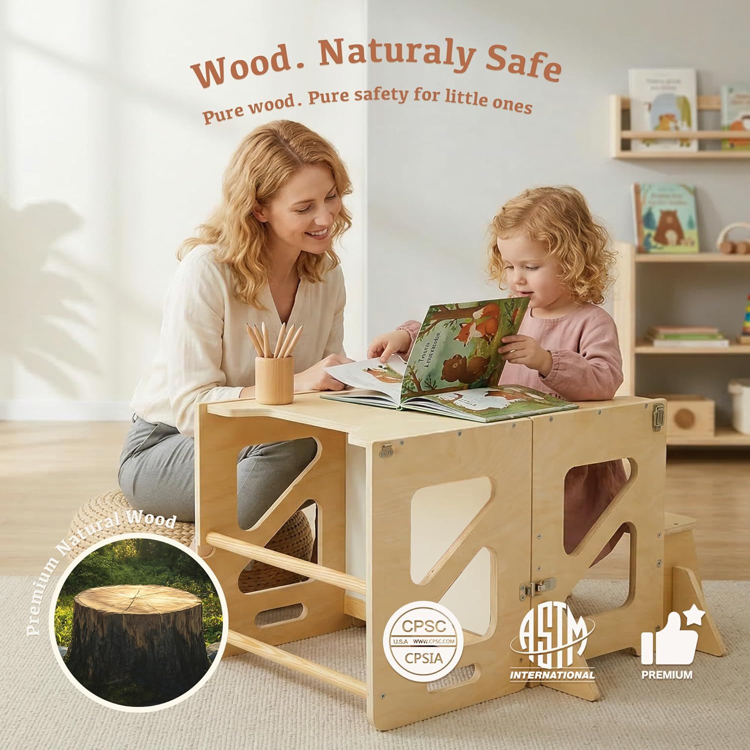 Toddler Kitchen Stool, 4 in 1 Foldable Toddler Tower with Anti-tip Structure, Montessori Learning Standing Tower for Kitchen Counter & Bathroom Sink, Kitchen Stool Helper for Kids 18M+