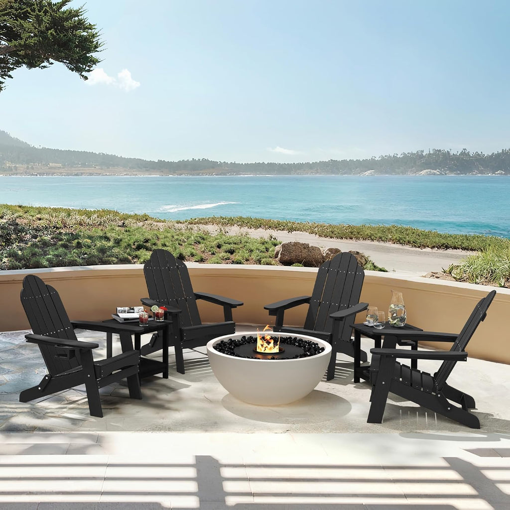 LUE BONA Folding Adirondack Chair Set of 4, Black HDPS Fire Pit Patio Chairs Weather Resistant, Modern Plastic Outdoor Chairs with Cup Holder