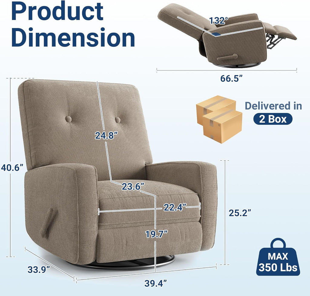 Garvee Nursery Recliner Chair, 360° Swivel Rocking Glider Chair for Adults with Adjustable Backrest & Footrest, Cozy Corduroy Upholstered Armchair for Living Rooms, Bedrooms, Apartments, Light Brown